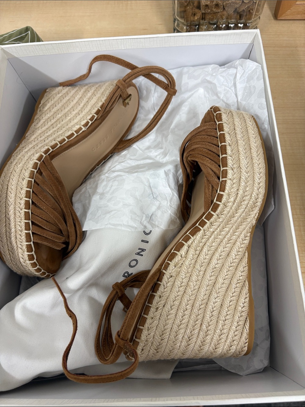 NIB - Veronica Beard Tan Suede Espadrille Wedge Sandals with Lace-Up Ties
